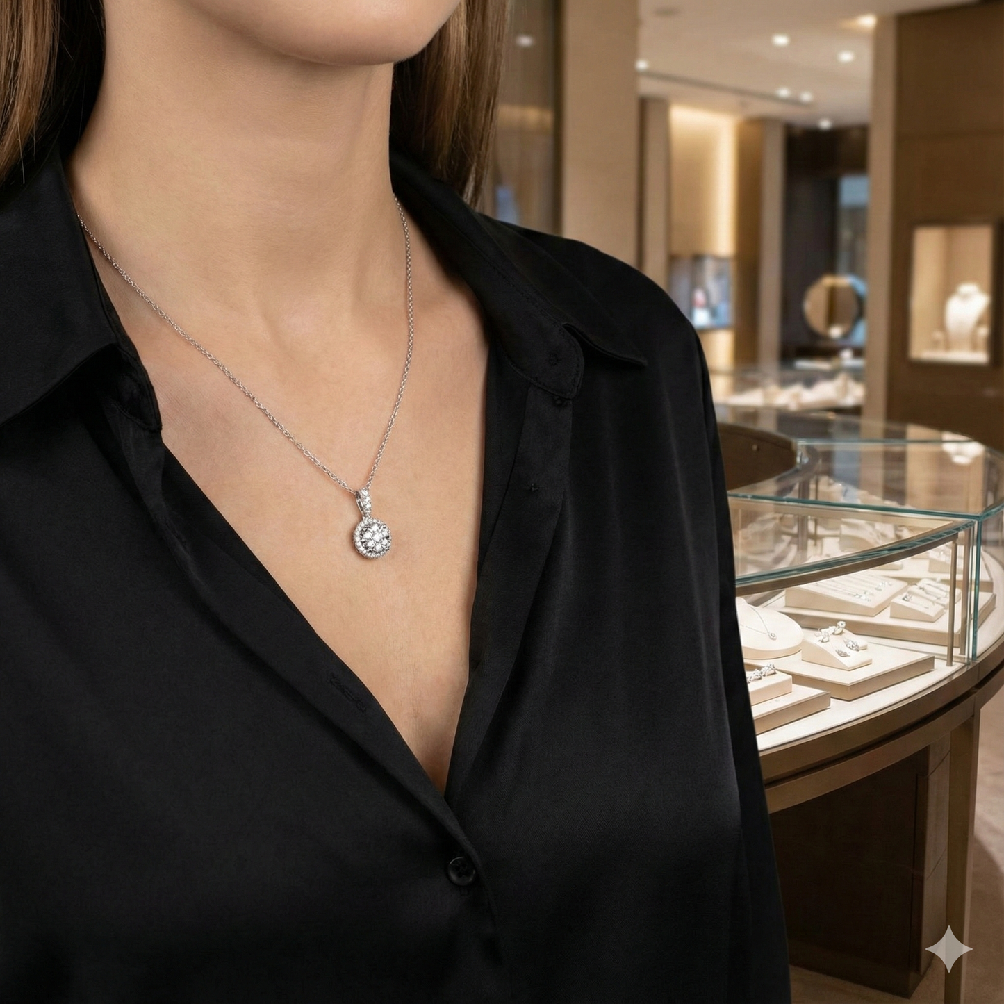 Person wearing a necklace with a diamond pendant in a jewelry store setting