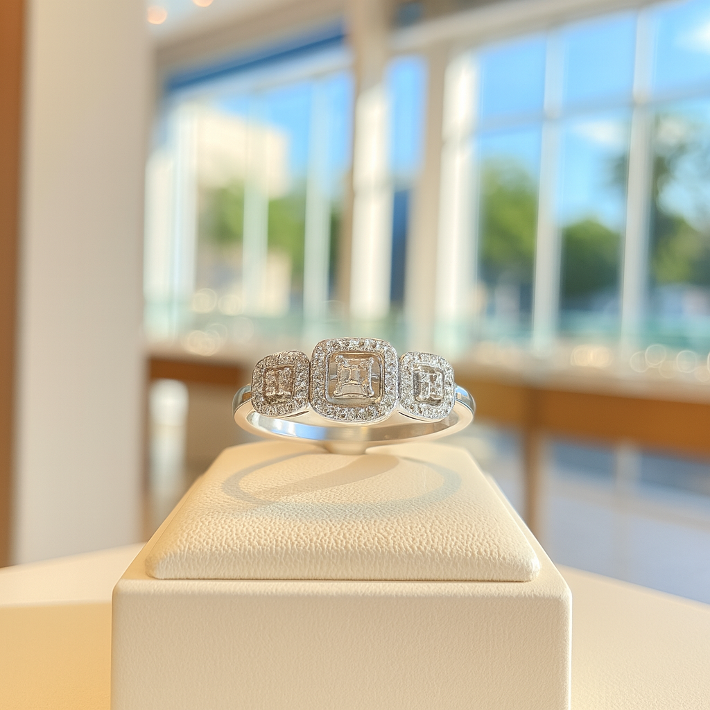 טבעת יהלומים שלושה אבנים מבריקה מוצגת על פדסטל, עם נוף חלון מואר ברקע.