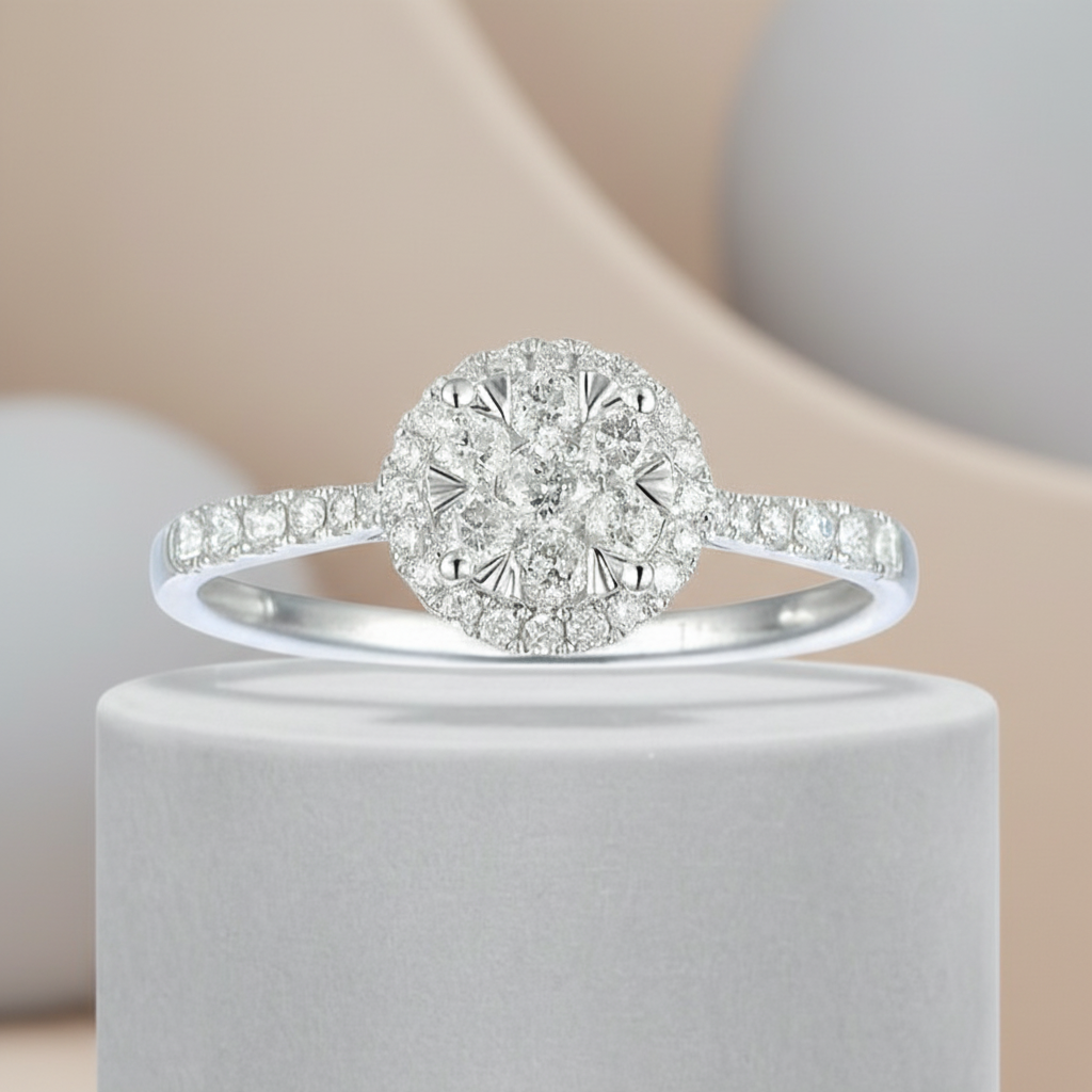 תקריב של טבעת אירוסין יהלום אלגנטית על רקע ניטרלי.