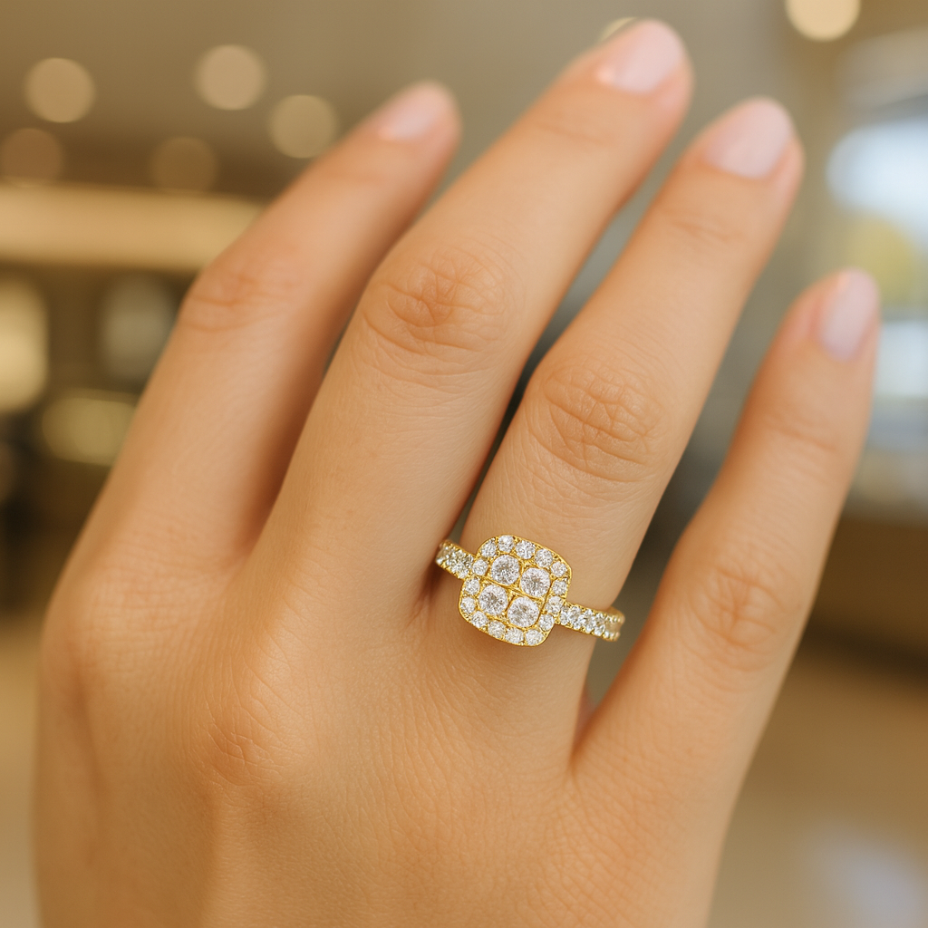 תקריב של יד עונדת טבעת זהב עם קבוצת יהלומים עגולה.