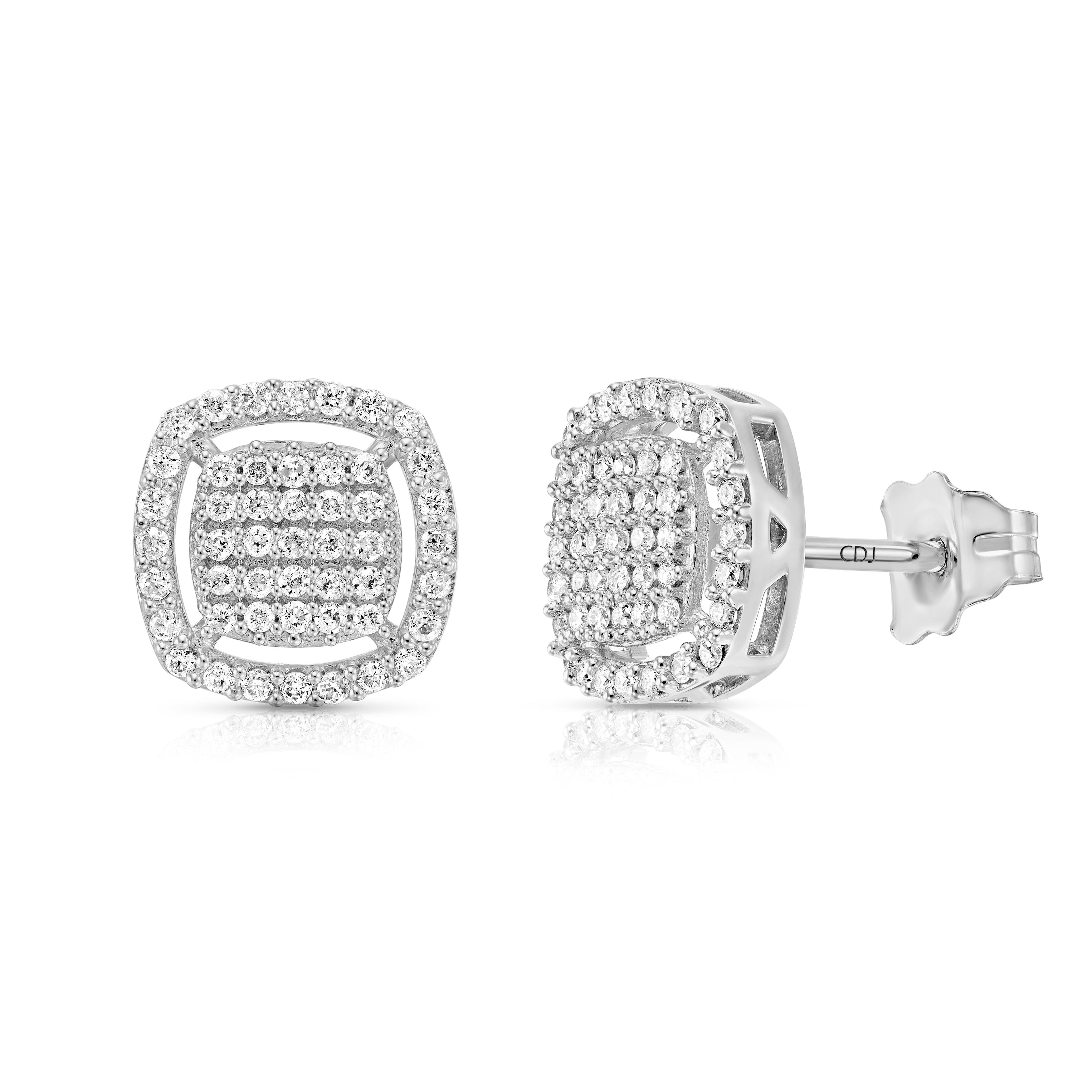 עגילי סטוד כסף אלגנטיים בעיצוב מרובע מעוטרים באבני חן מנצנצות.