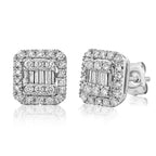 זוג עגילי יהלום מרובעים אלגנטיים עם עיצוב הילה.