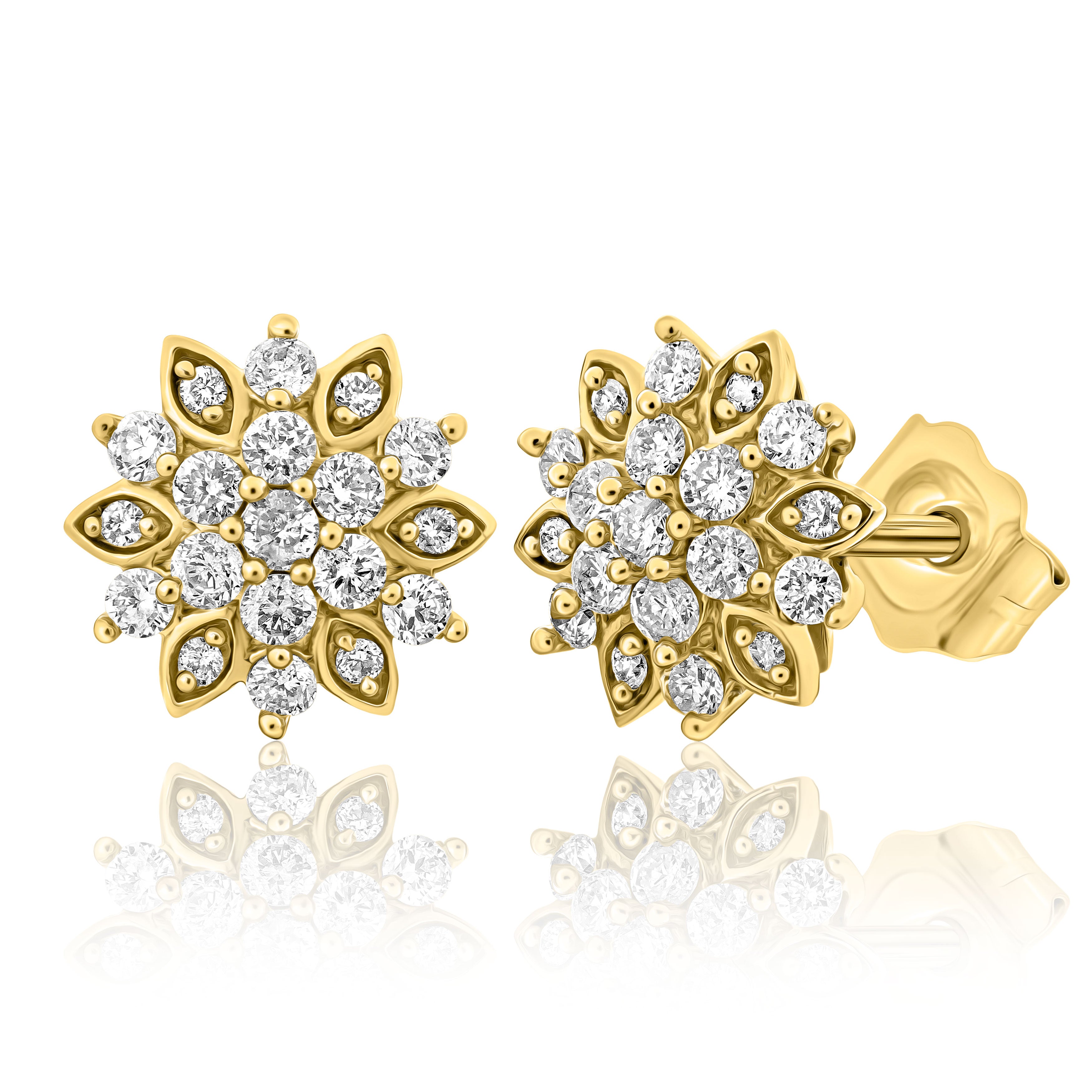 עגילי פרח בצורת זהב עם מספר יהלומים מנצנצים