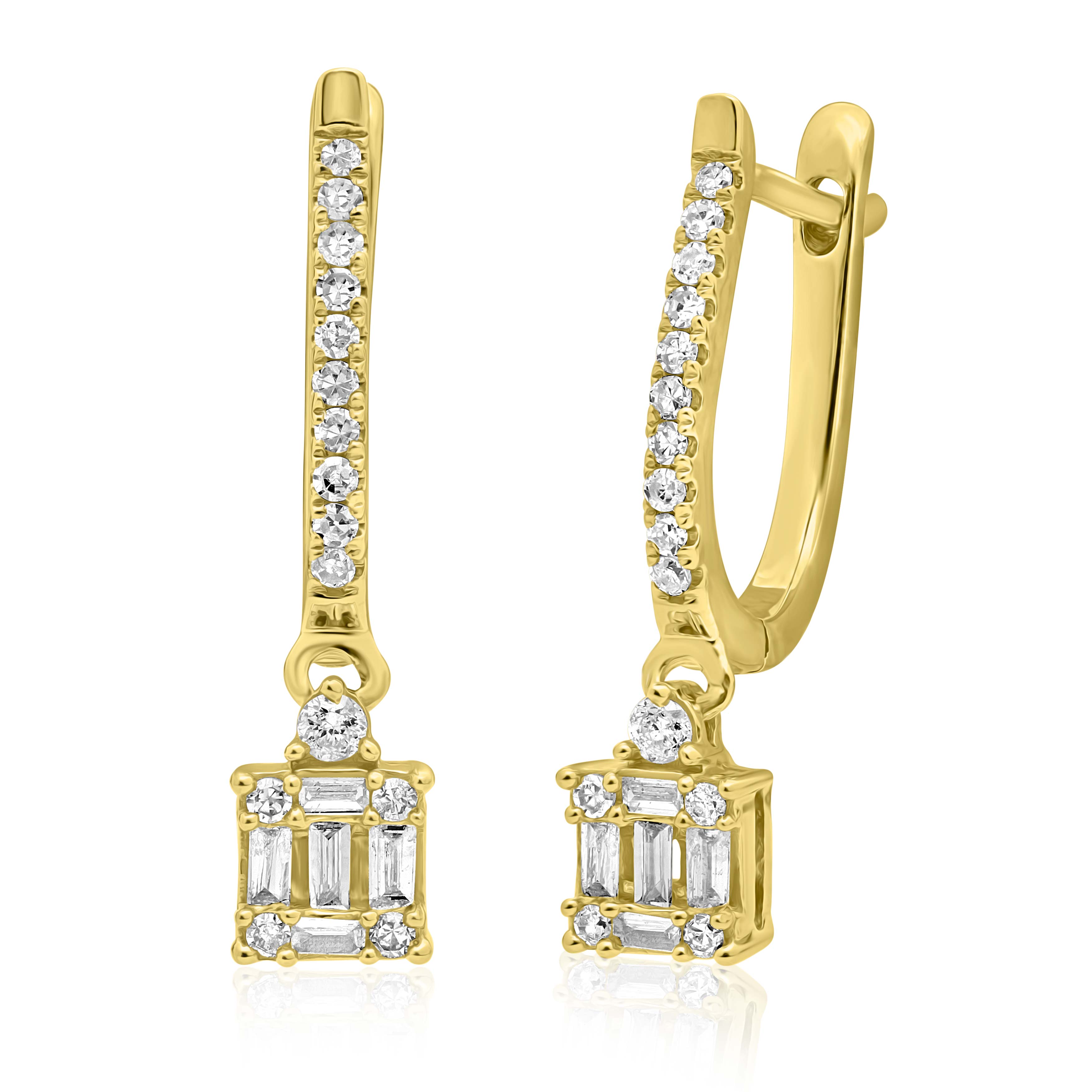 עגילי חישוק זהב עם תליוני יהלום מלבניים