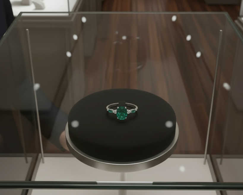 טבעת עם אבן חן ירוקה גדולה מוצגת בתיבת זכוכית