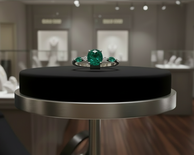 תקריב של טבעת אמרלד מוצגת על פדסטל שחור בחנות תכשיטים.
