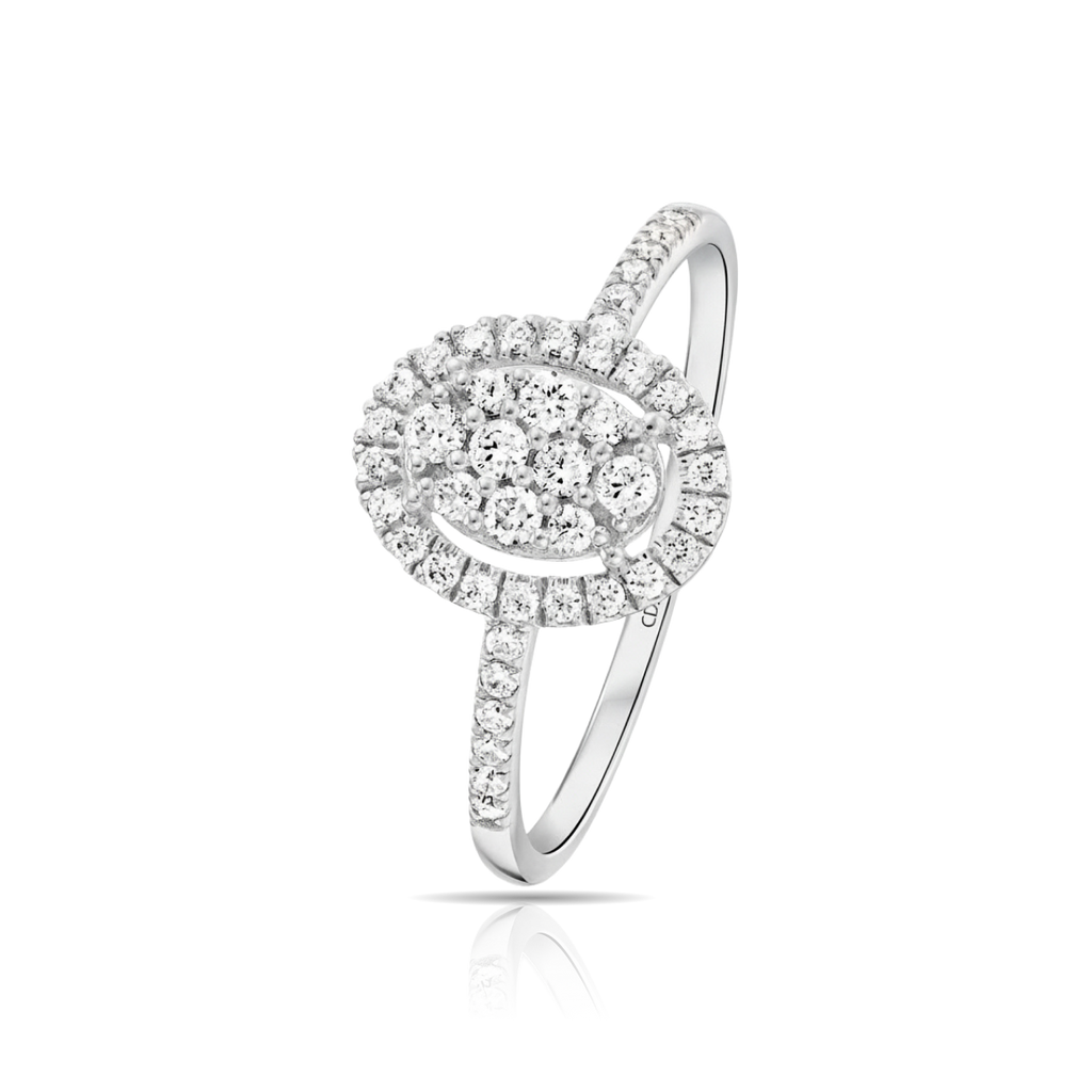 טבעת יהלום אלגנטית עם קבוצת ביצה ורצועה מנצנצת.