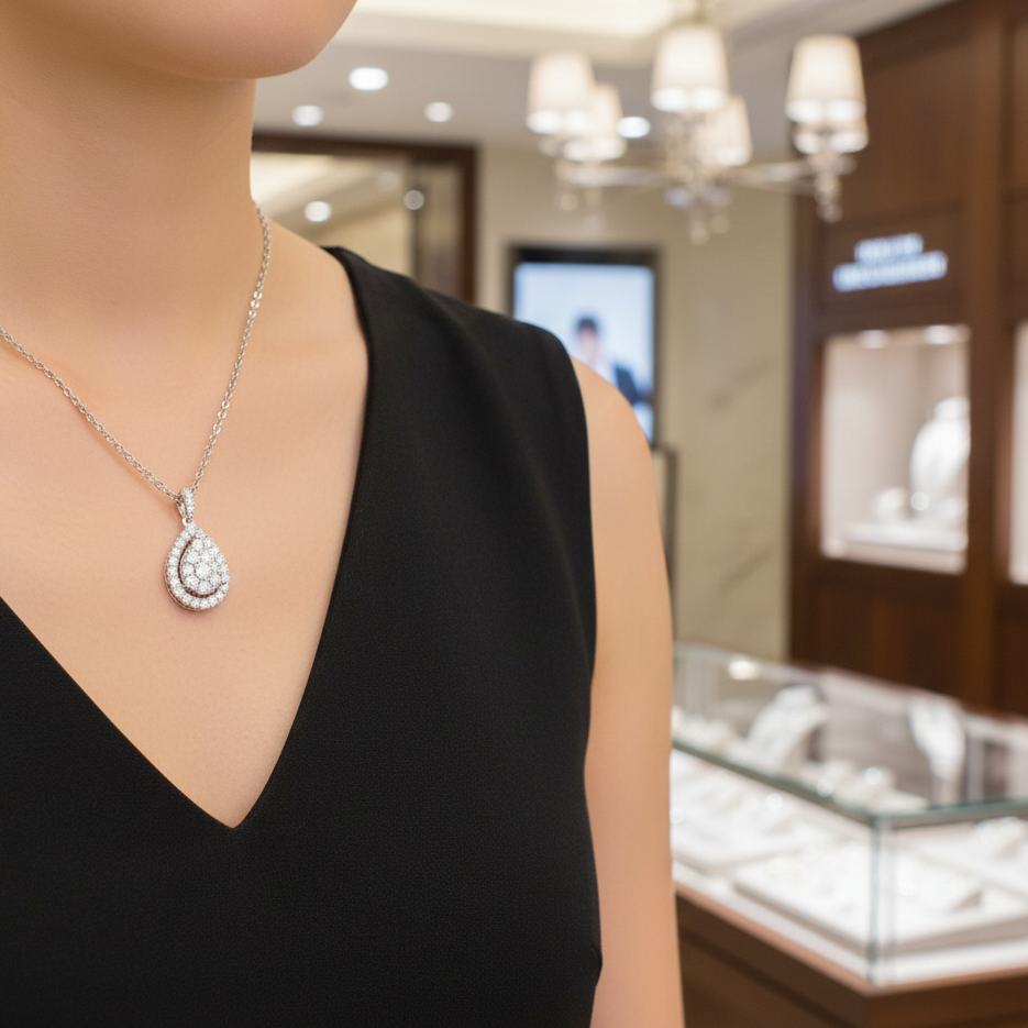 תקריב של אישה שעונדת שרשרת עם תליון פנינה בחנות תכשיטים.