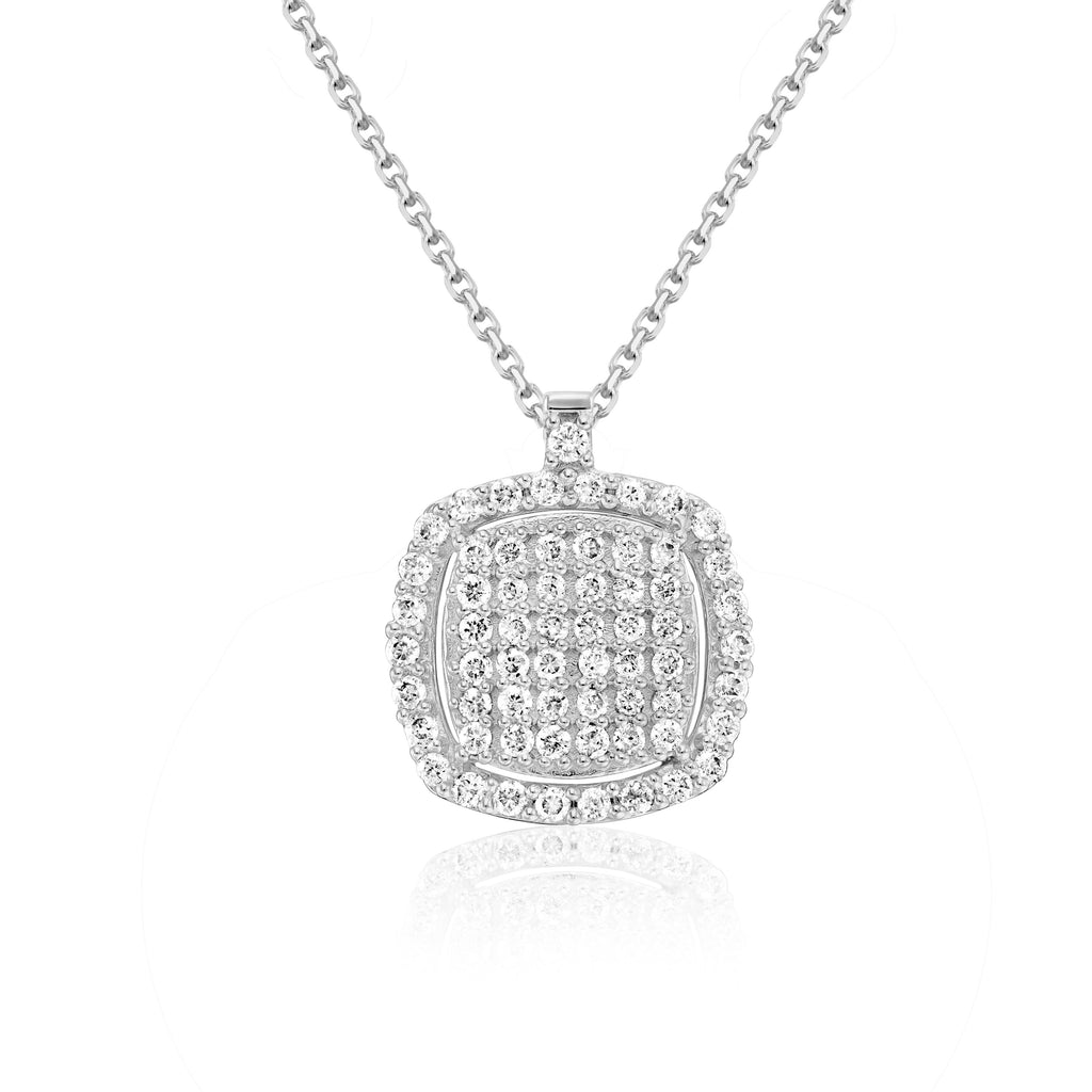 שרשרת תליון כסף עם עיצוב בצורת ריבוע, מעוטר באבני ריינסטון.