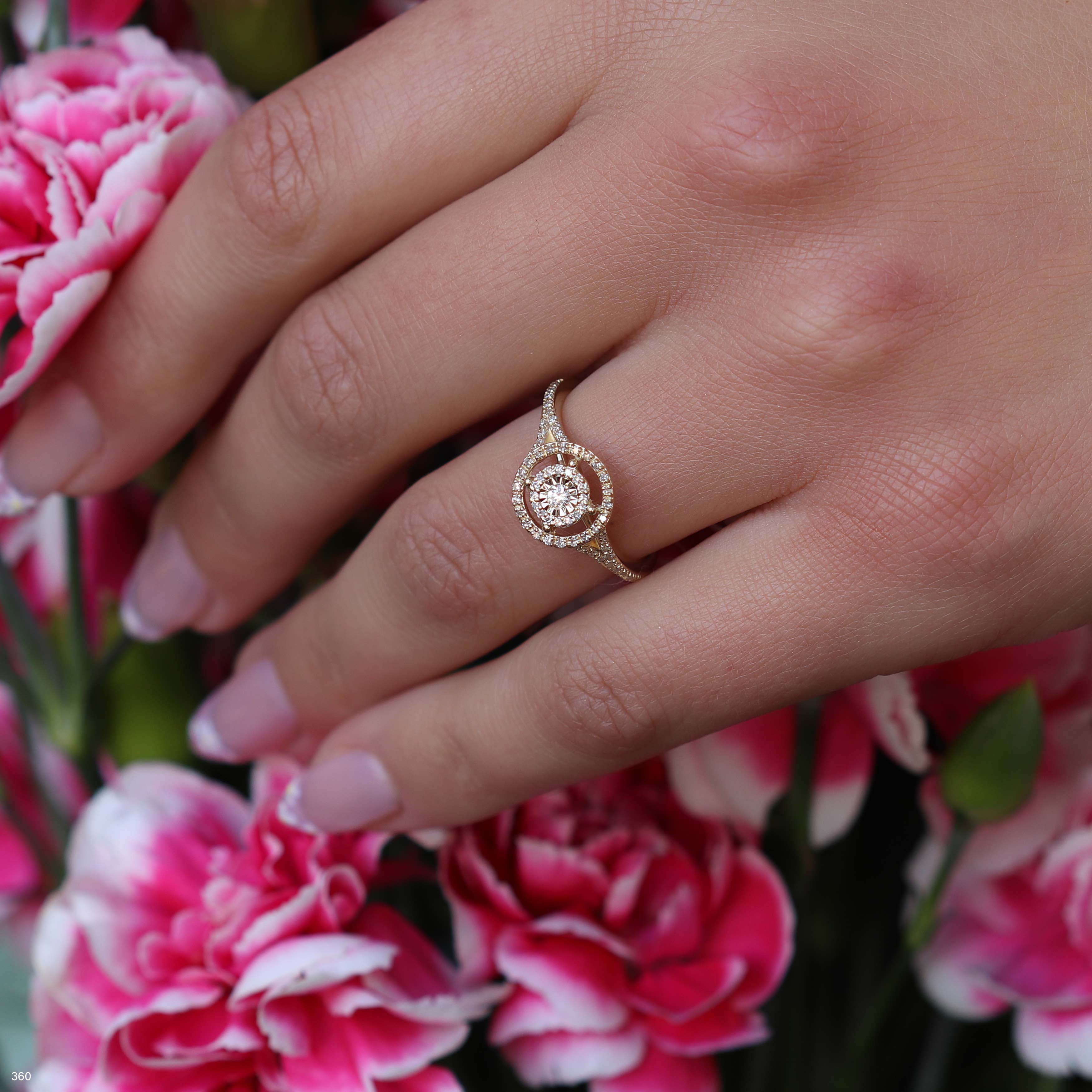 תקריב של יד לובשת טבעת זהב עם עיצוב מעגלי, מוקפת בפרחים ורודים.