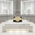 תקריב של טבעת דקורטיבית מוצגת על פודיום תחת תאורה בהירה.