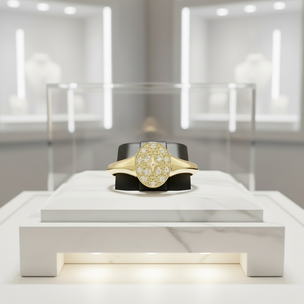 תקריב של טבעת דקורטיבית מוצגת על פודיום תחת תאורה בהירה.