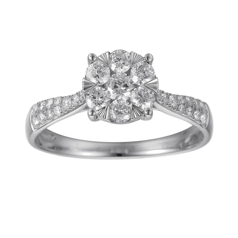 טבעת אירוסין כסף אלגנטית עם מרכז של צבר יהלומים ורצועת פאווה.