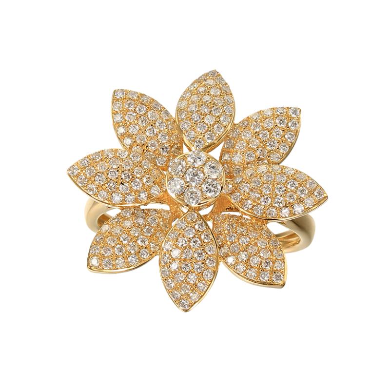 טבעת בצורת פרח מזהב מעוטרת באבני חן מנצנצות.