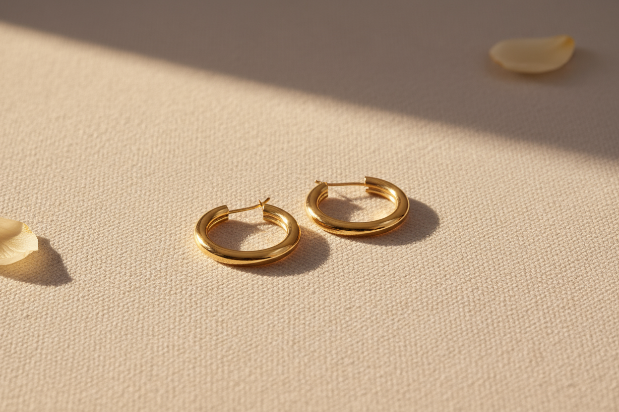 Golden earrings on pastel beige background