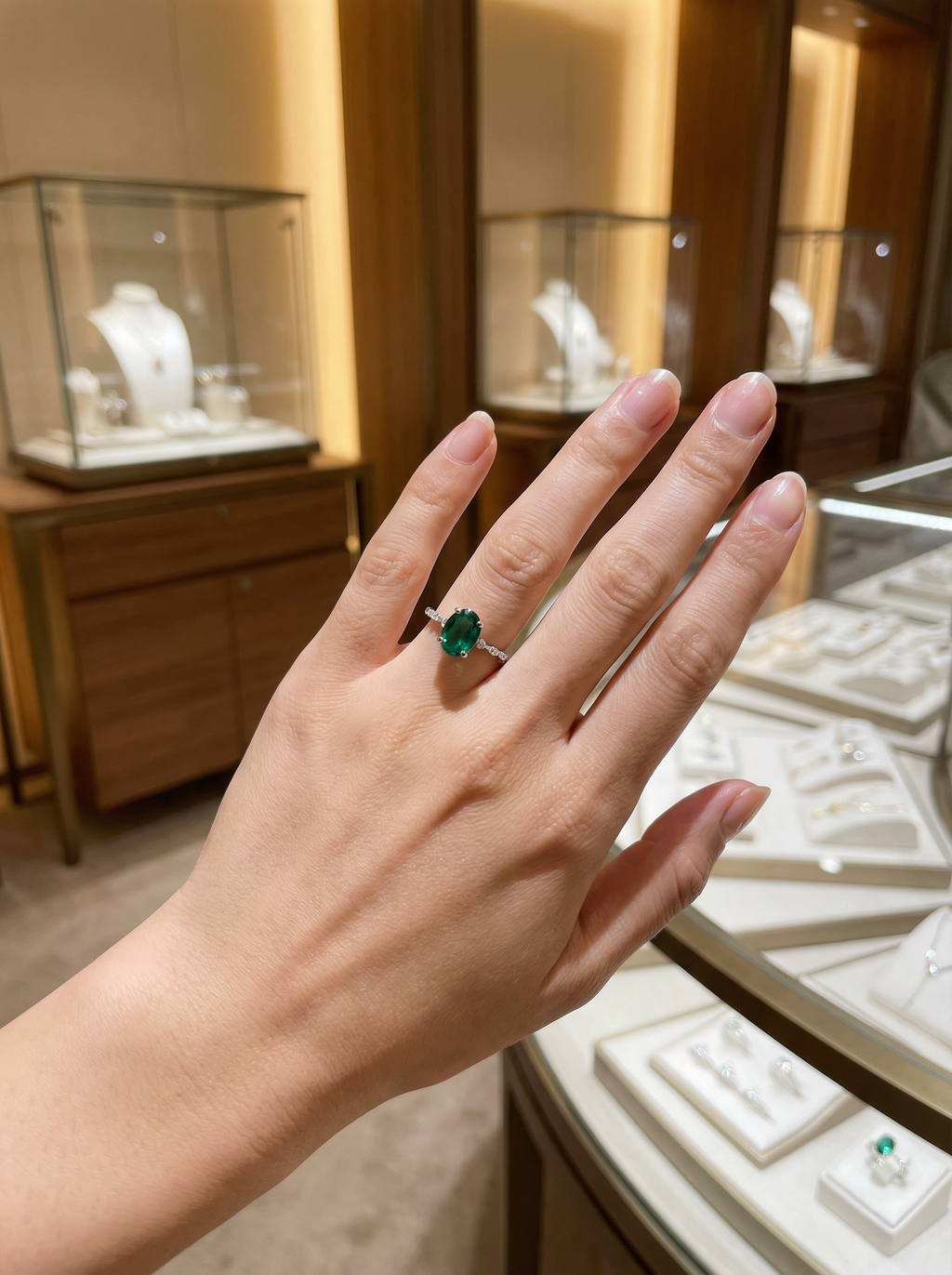 יד עונדת טבעת אבן חן ירוקה, עם תצוגות תכשיטים ברקע.