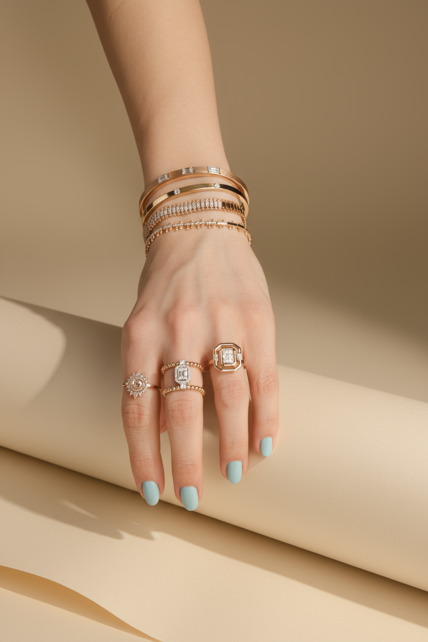 Hand with stacked bracelets and rings on paper roll