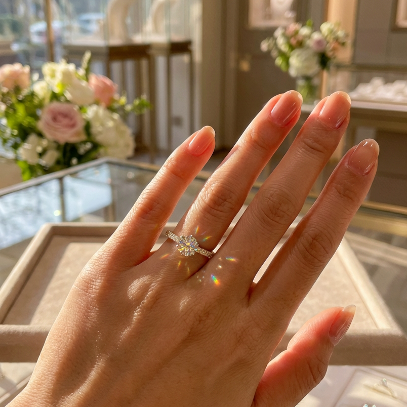 תקריב של יד עונדת טבעת אירוסין נוצצת עם רקע פרחוני.