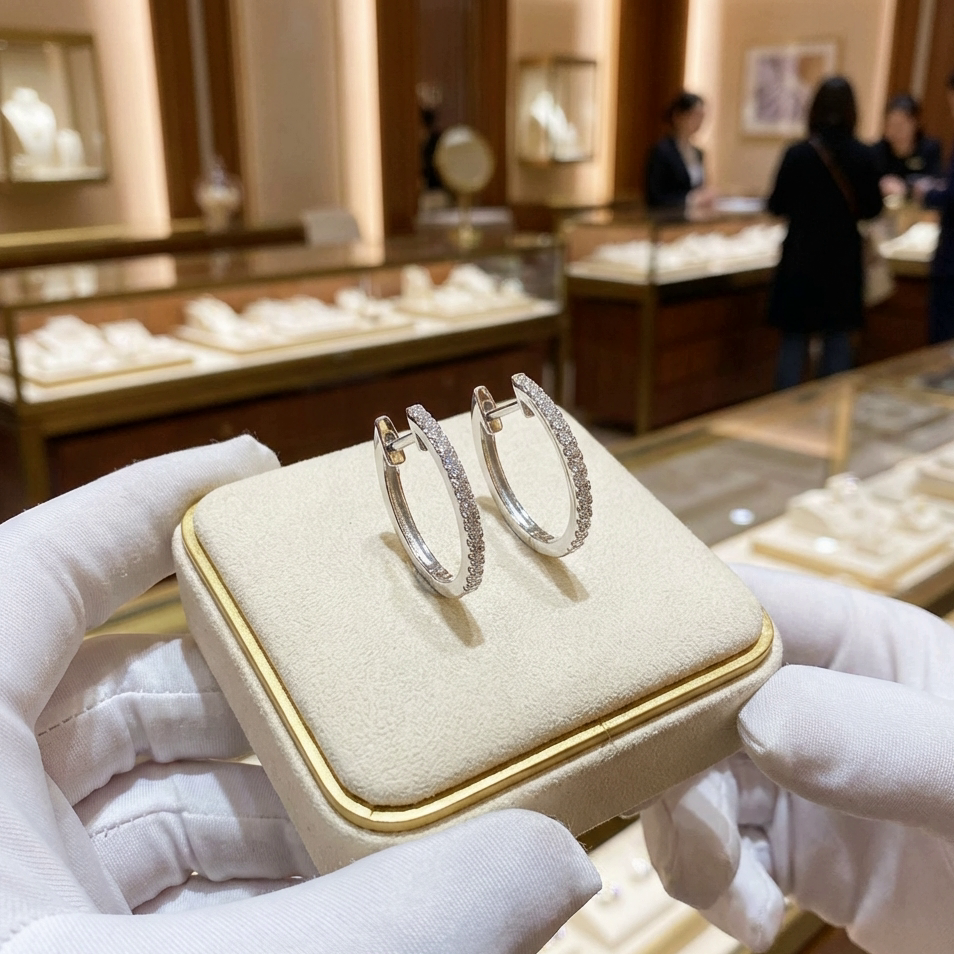 זוג עגילי חישוק כסף מוצגים על כרית רכה בחנות תכשיטים.