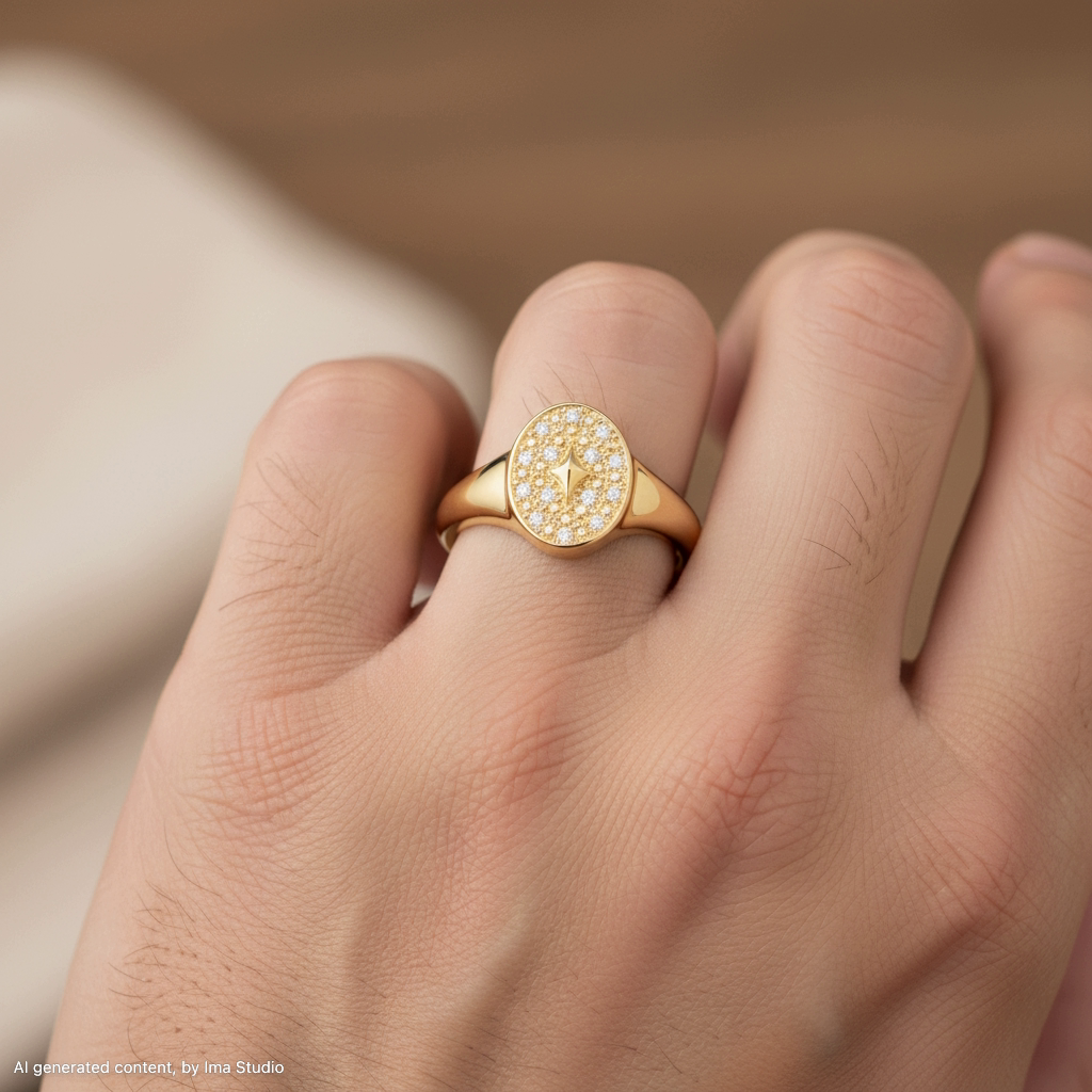 יד לובשת טבעת זהב עם עיצוב אובלי דקורטיבי והדגשות מנצנצות.