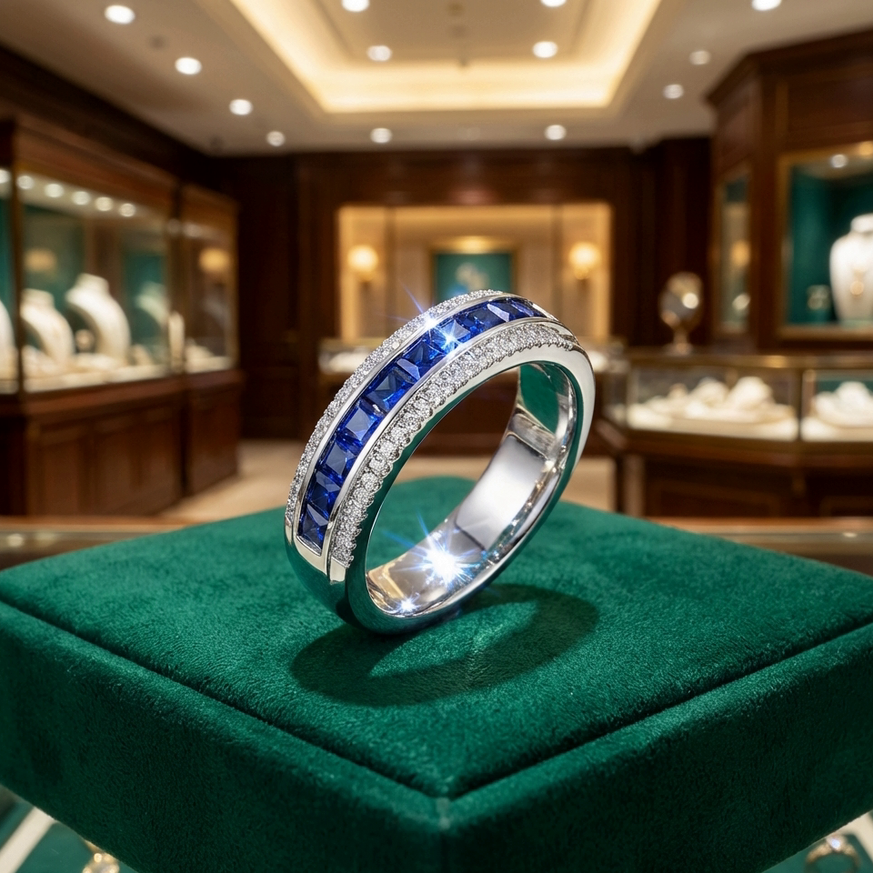 טבעת כסף מדהימה מעוטרת באבני חן כחולות, מוצגת באלגנטיות על משטח קטיפה ירוק בחנות תכשיטים.