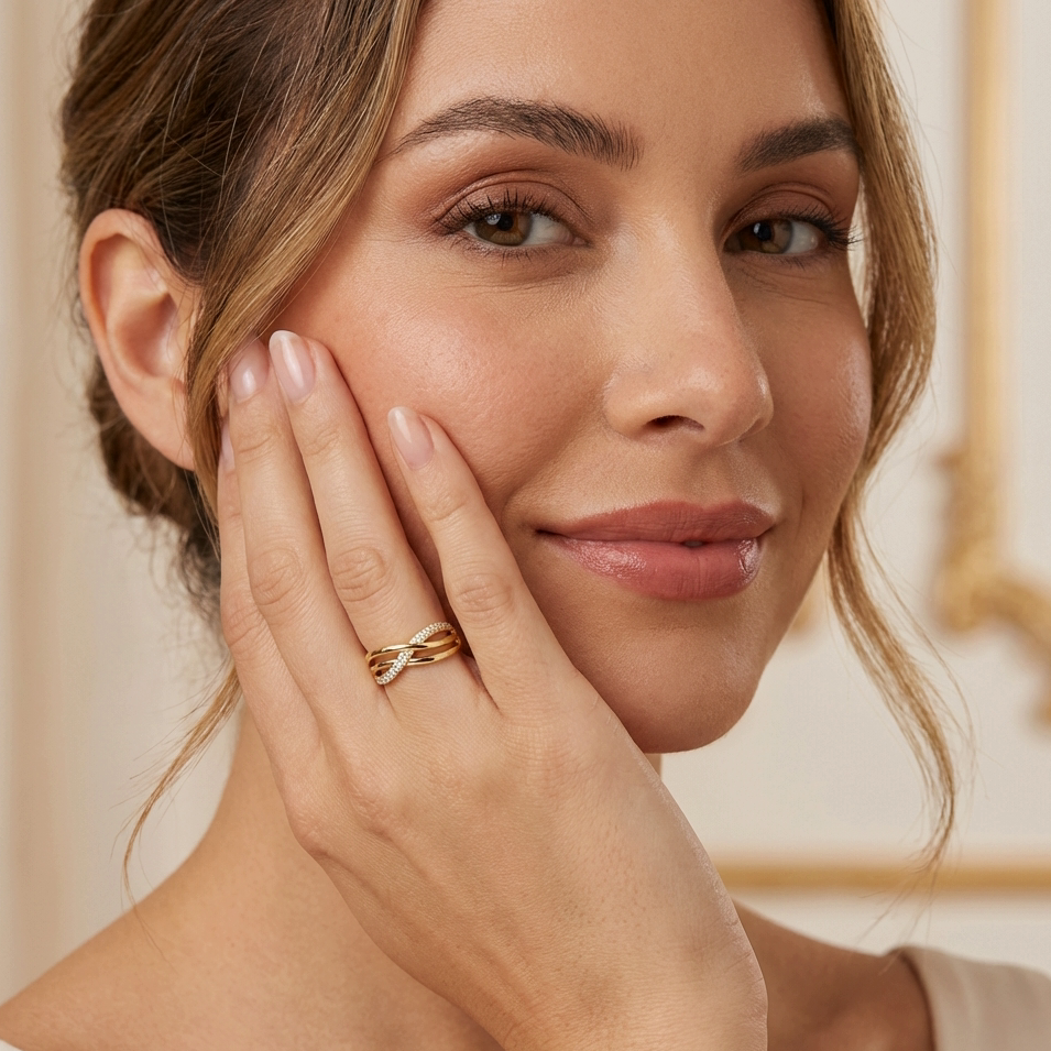 תקריב של אישה עונדת טבעת אופנתית, מחייכת בעדינות.