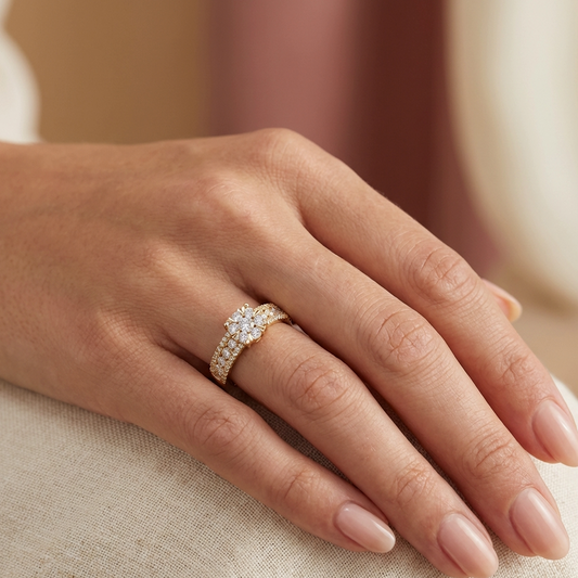 Hand wearing a diamond ring on a neutral background